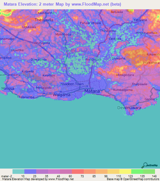 Matara,Sri Lanka Elevation Map