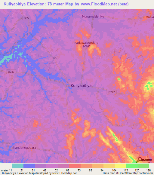 Kuliyapitiya,Sri Lanka Elevation Map