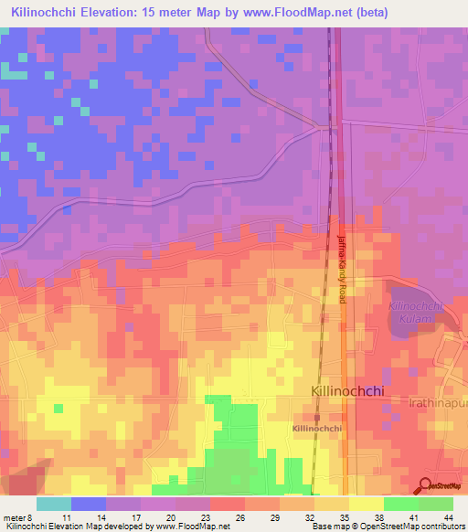 Kilinochchi,Sri Lanka Elevation Map