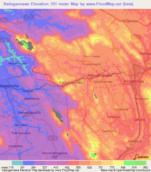 Kadugannawa,Sri Lanka Elevation Map