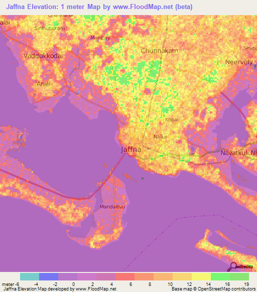 Jaffna,Sri Lanka Elevation Map