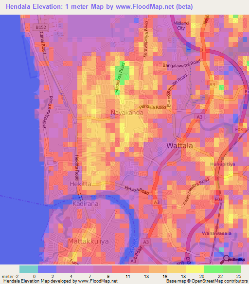 Hendala,Sri Lanka Elevation Map