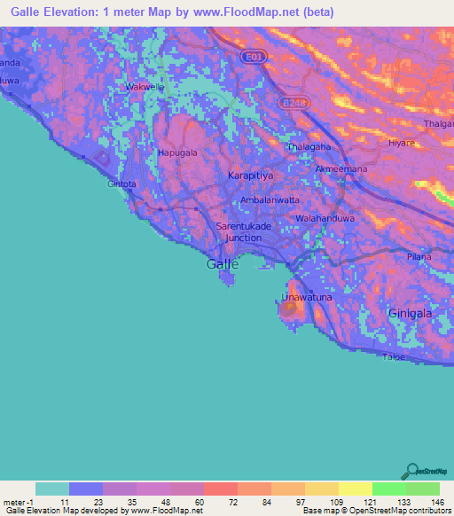 Galle,Sri Lanka Elevation Map