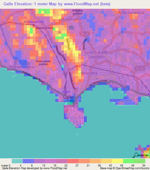 Galle,Sri Lanka Elevation Map