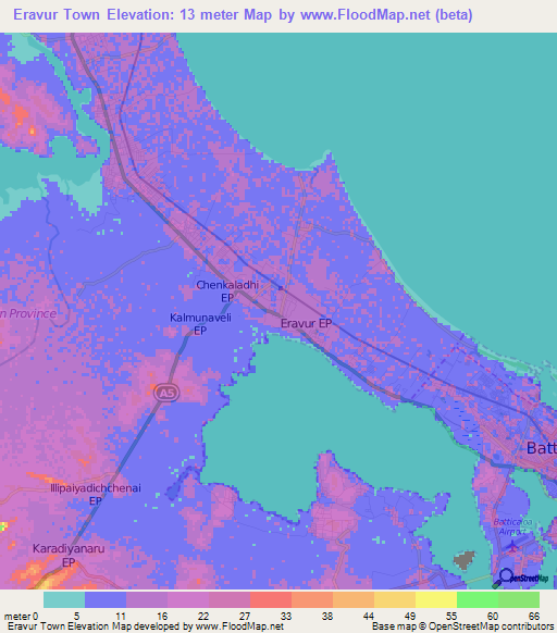 Eravur Town,Sri Lanka Elevation Map