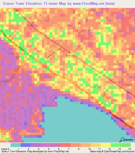 Eravur Town,Sri Lanka Elevation Map