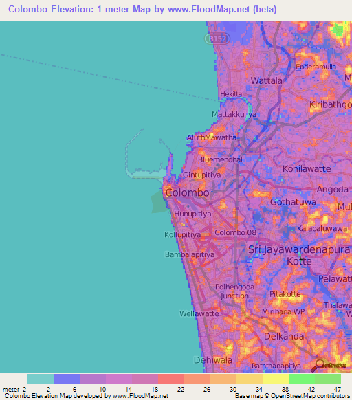 Colombo,Sri Lanka Elevation Map