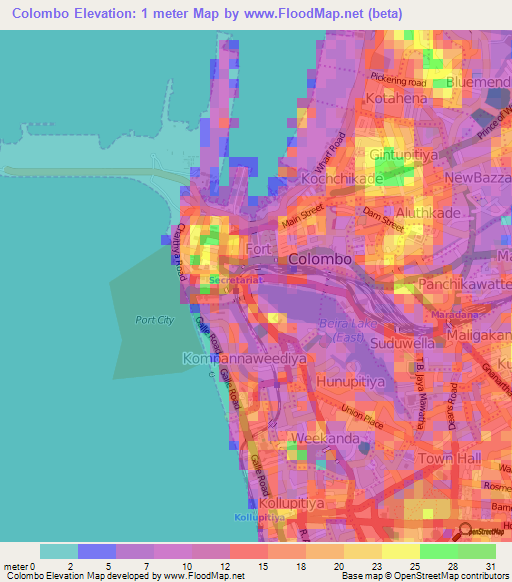 Colombo,Sri Lanka Elevation Map