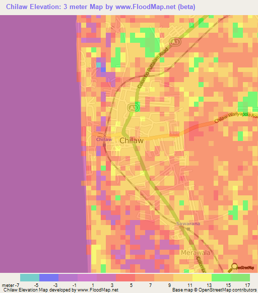 Chilaw,Sri Lanka Elevation Map