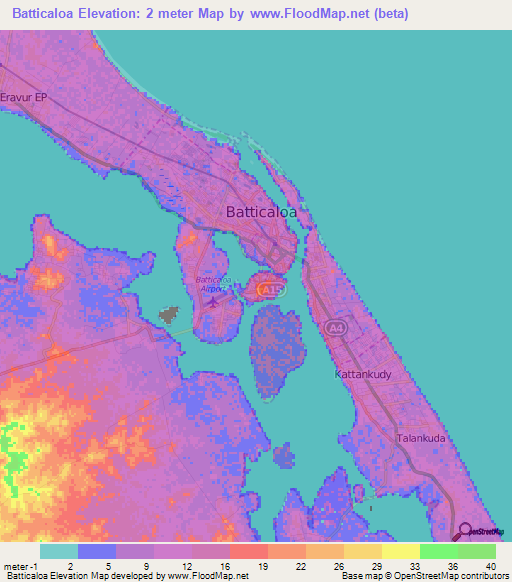 Batticaloa,Sri Lanka Elevation Map