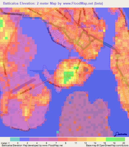 Batticaloa,Sri Lanka Elevation Map