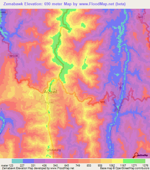 Zemabawk,India Elevation Map