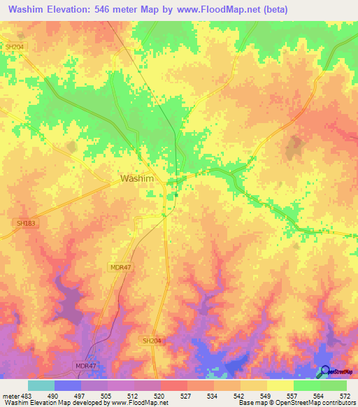 Washim,India Elevation Map