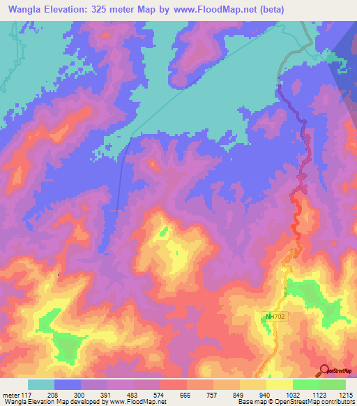 Wangla,India Elevation Map