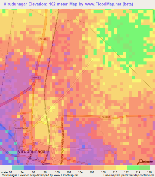 Virudunagar,India Elevation Map