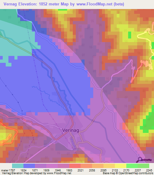 Vernag,India Elevation Map