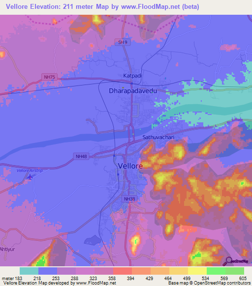 Vellore,India Elevation Map