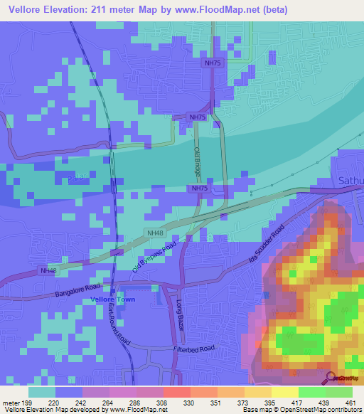 Vellore,India Elevation Map