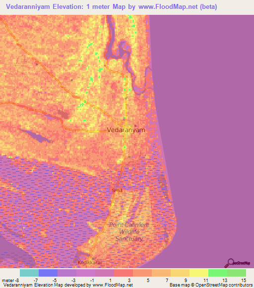 Vedaranniyam,India Elevation Map