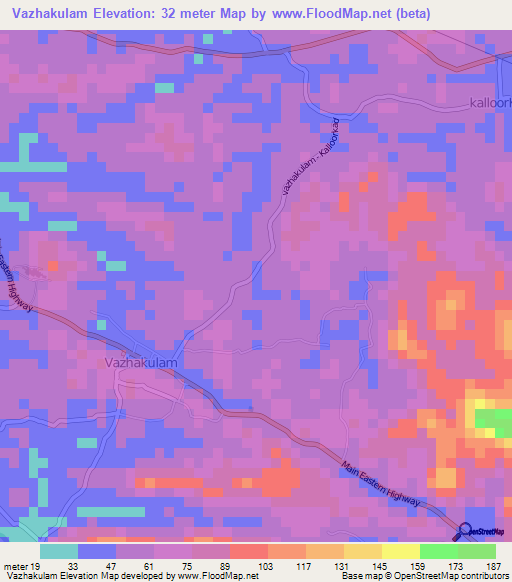 Vazhakulam,India Elevation Map