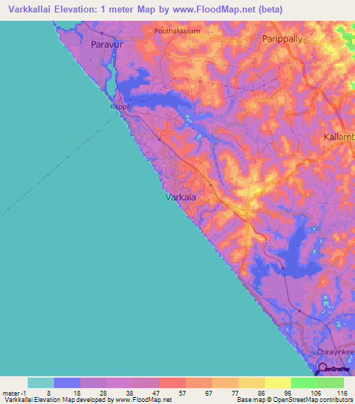 Varkkallai,India Elevation Map
