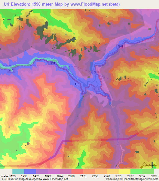 Uri,India Elevation Map