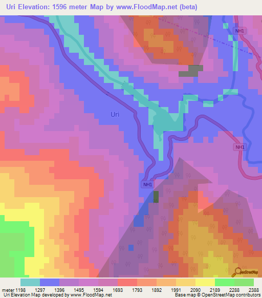 Uri,India Elevation Map