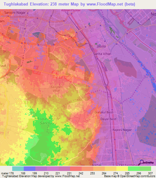 Tughlakabad,India Elevation Map