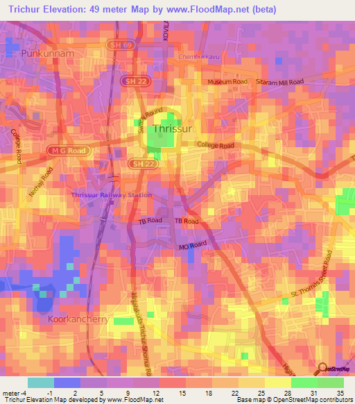 Trichur,India Elevation Map