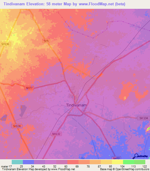 Tindivanam,India Elevation Map