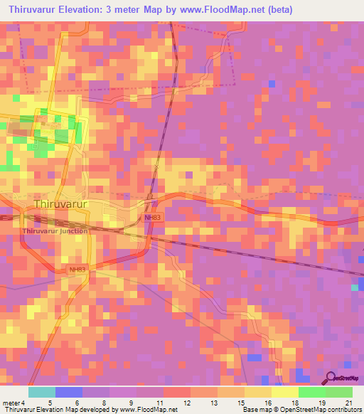Thiruvarur,India Elevation Map