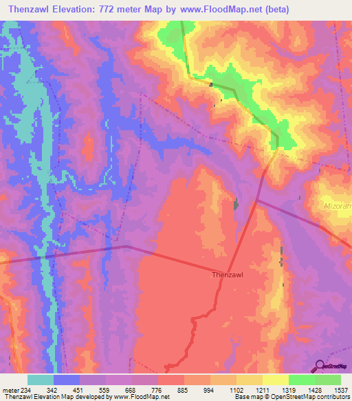Thenzawl,India Elevation Map