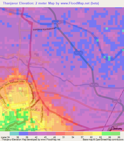 Thanjavur,India Elevation Map