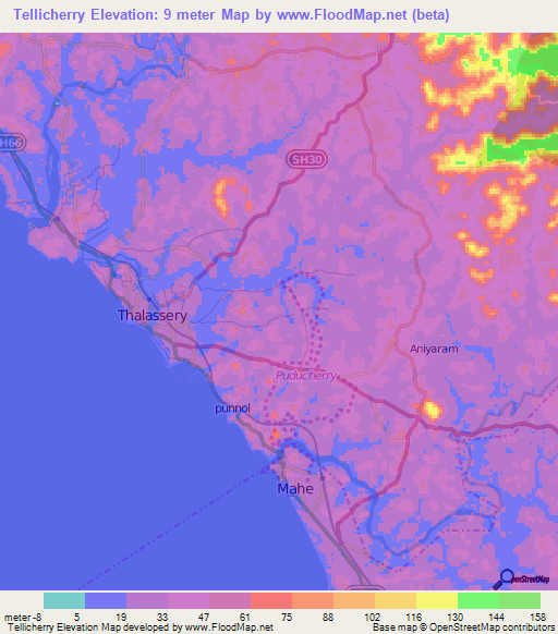 Tellicherry,India Elevation Map