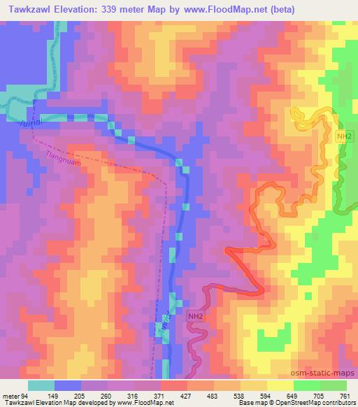Tawkzawl,India Elevation Map