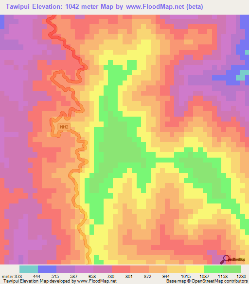 Tawipui,India Elevation Map