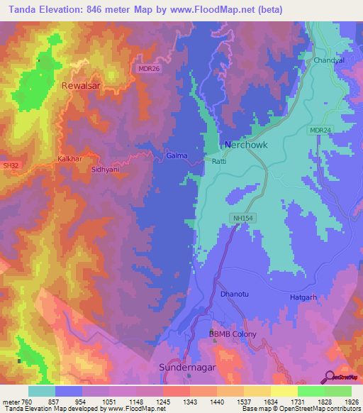 Tanda,India Elevation Map