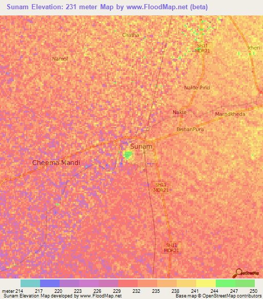 Sunam,India Elevation Map
