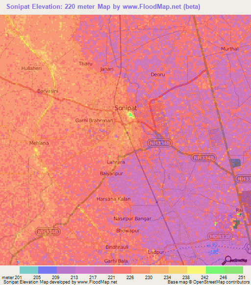 Sonipat,India Elevation Map