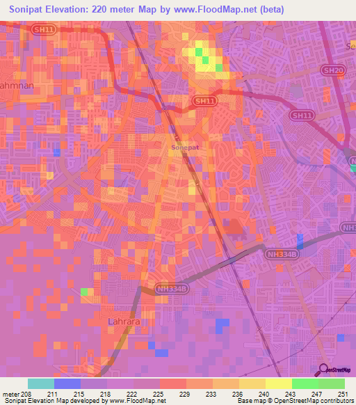 Sonipat,India Elevation Map