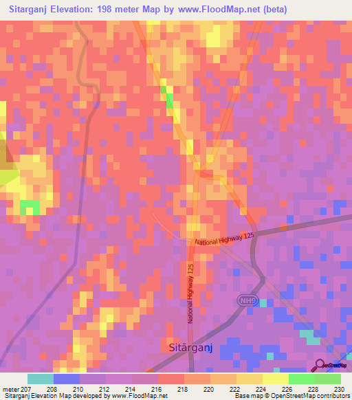 Sitarganj,India Elevation Map