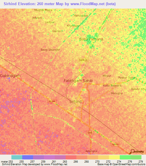 Sirhind,India Elevation Map