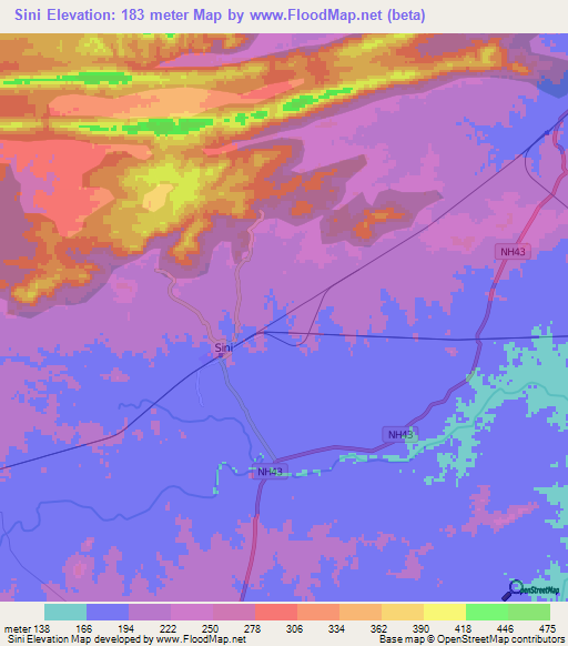 Sini,India Elevation Map