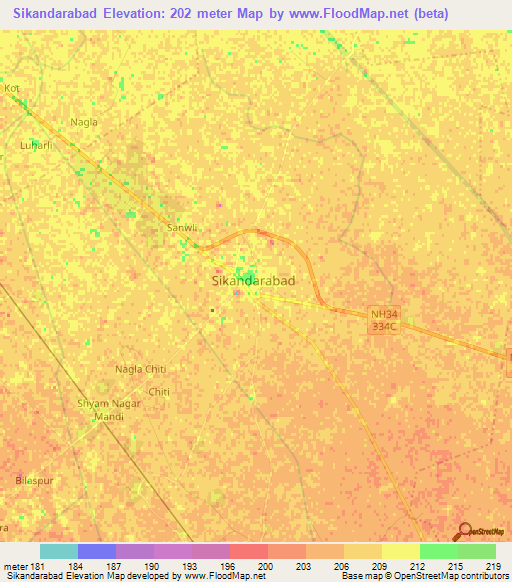 Sikandarabad,India Elevation Map
