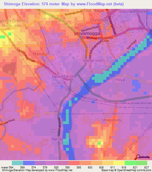 Shimoga,India Elevation Map