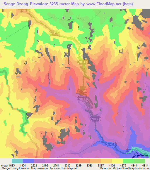 Senge Dzong,India Elevation Map