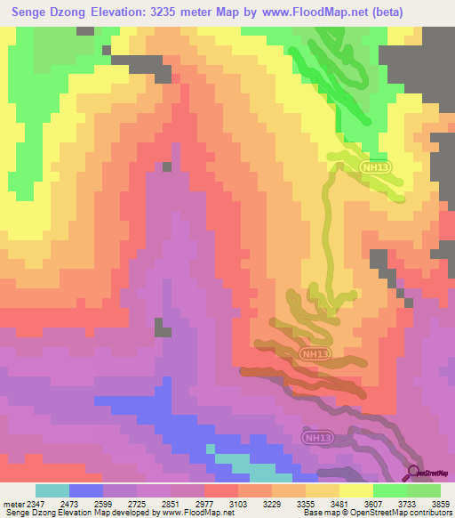 Senge Dzong,India Elevation Map