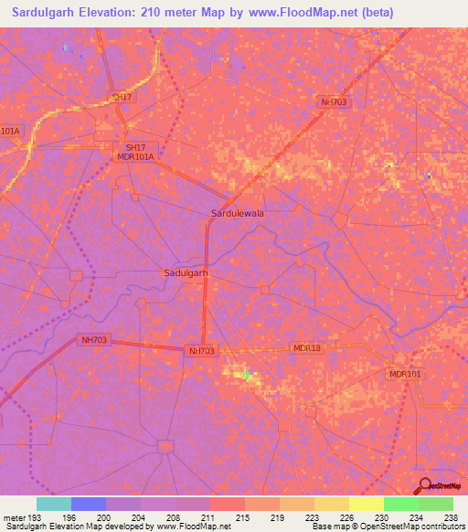 Sardulgarh,India Elevation Map