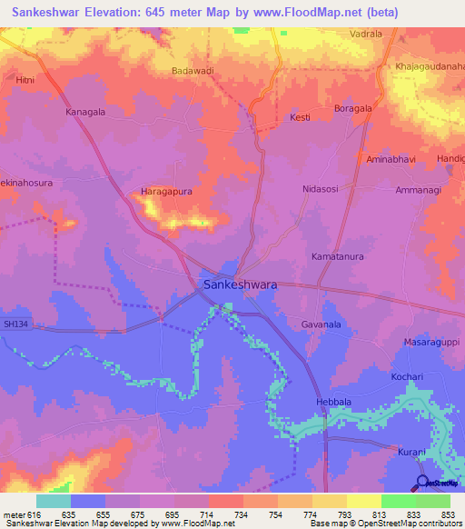 Sankeshwar,India Elevation Map