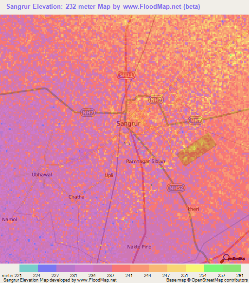 Sangrur,India Elevation Map